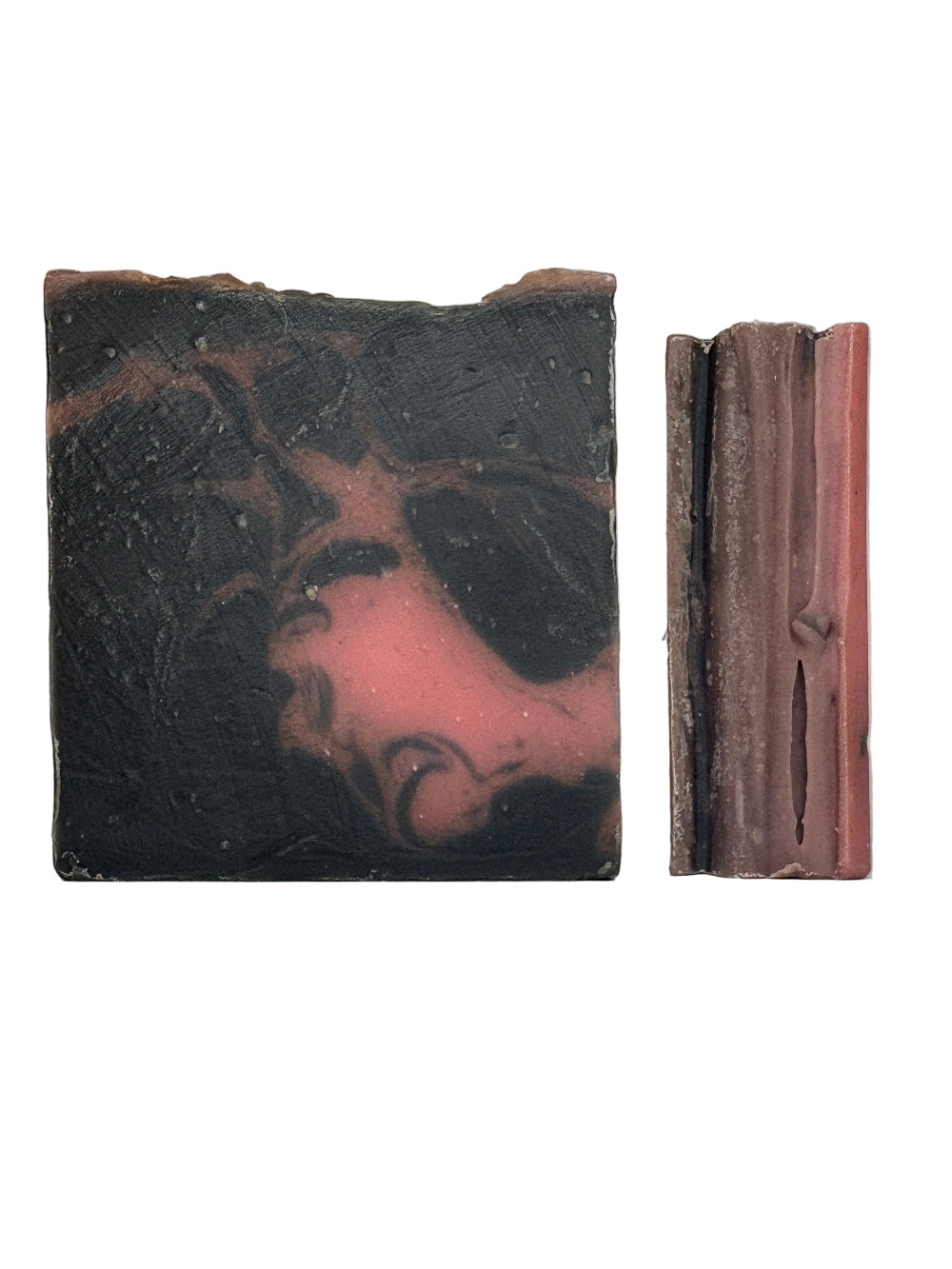Bar soap with a black and red design on a white background