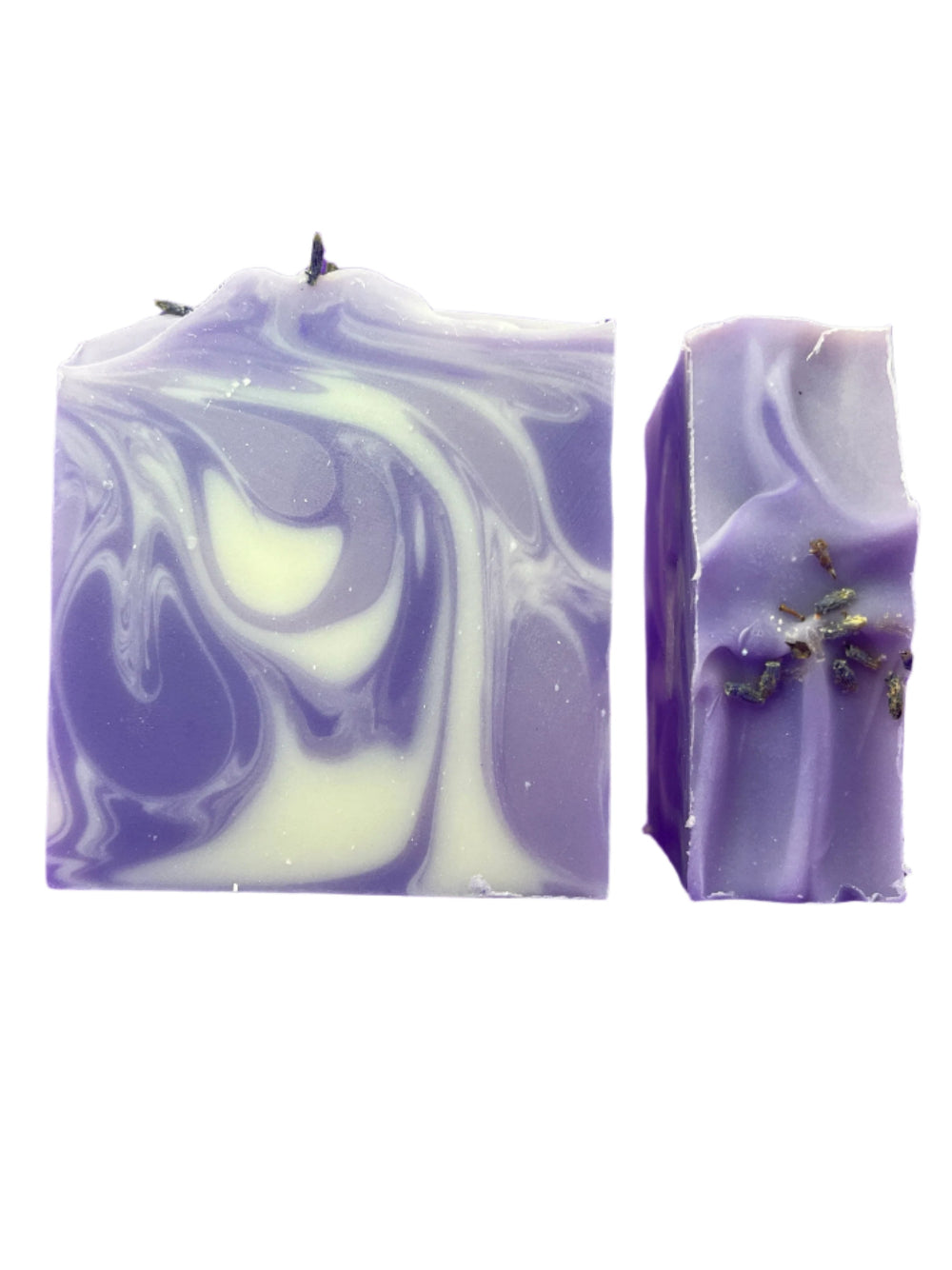 Swirl-patterned purple and white lavender soap bars on a white background