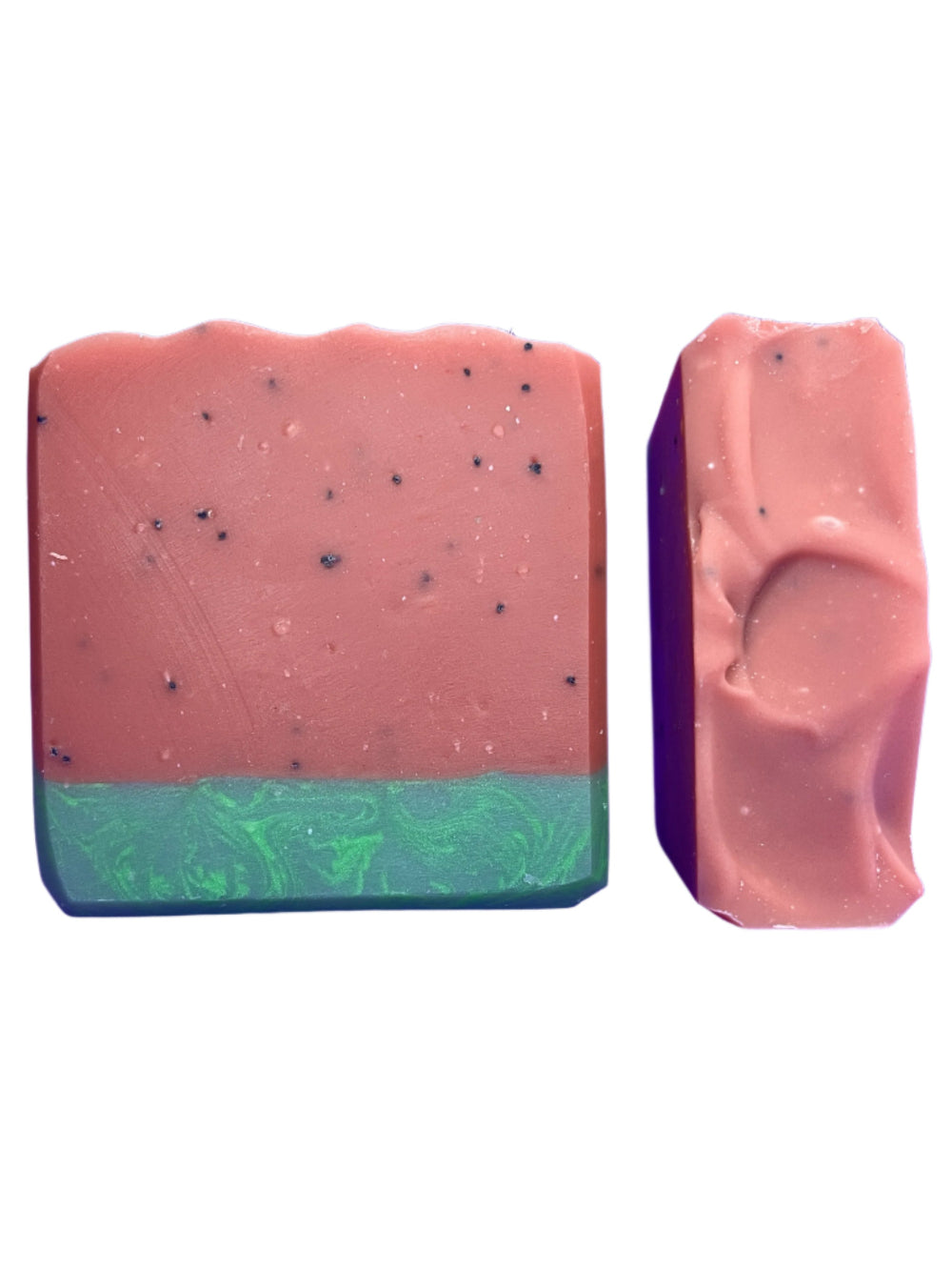 Two pink soap bars with a green bottom layer on a white background